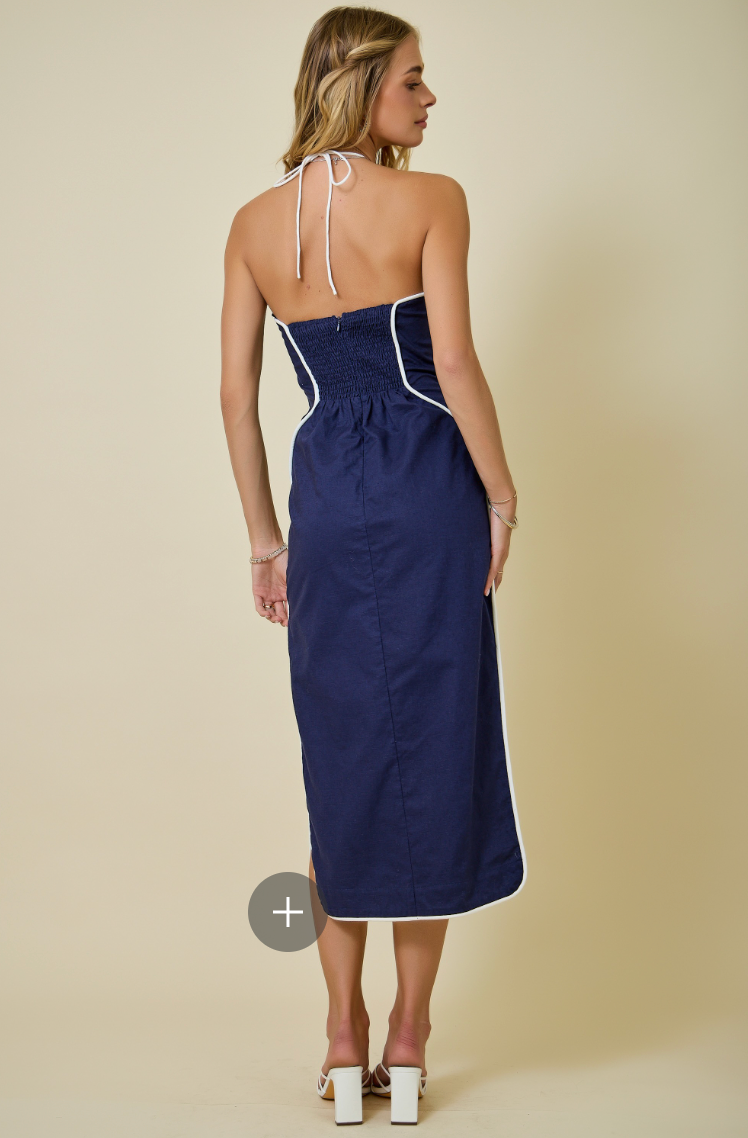 Halter Neck Cutout Midi Dress with Contrast Piping