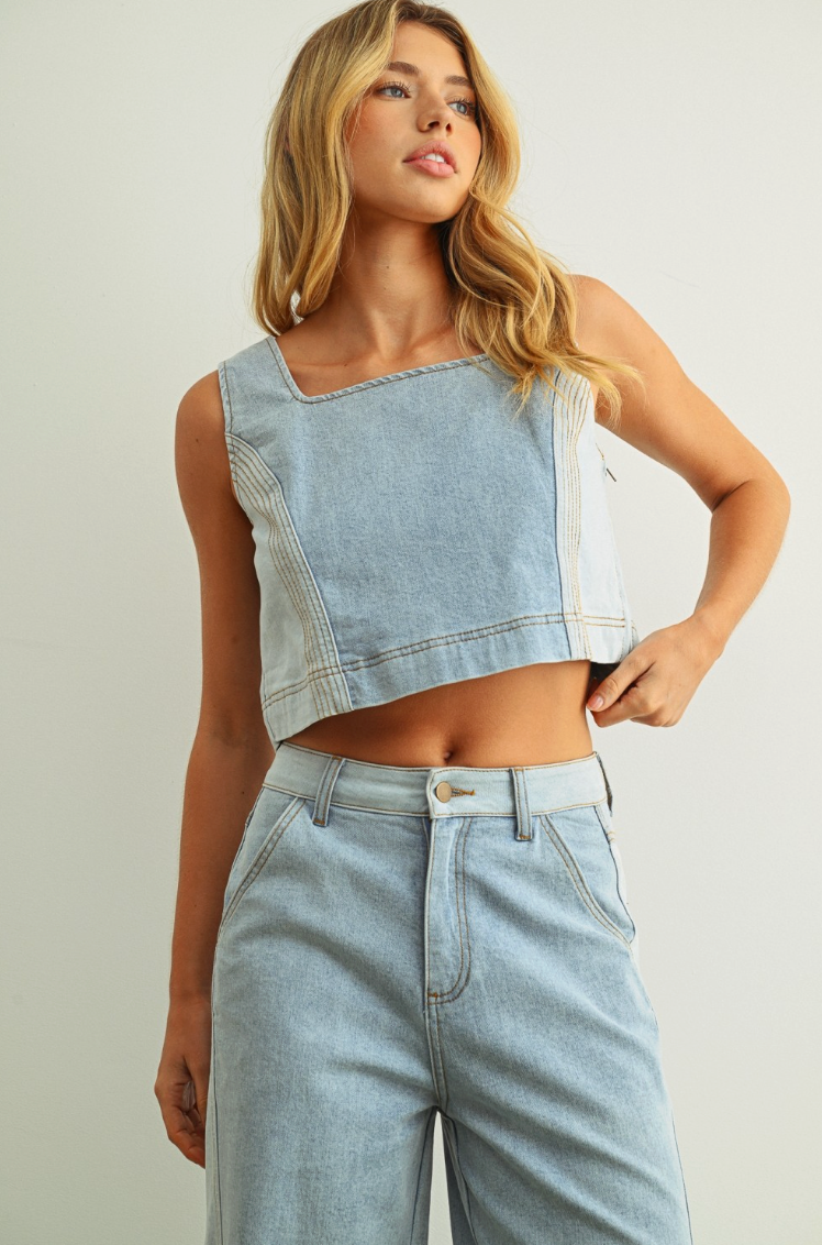 Denim Color Blocked Sleeveless Top