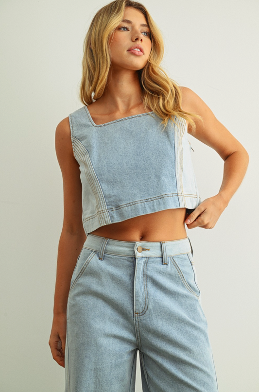 Denim Color Blocked Sleeveless Top