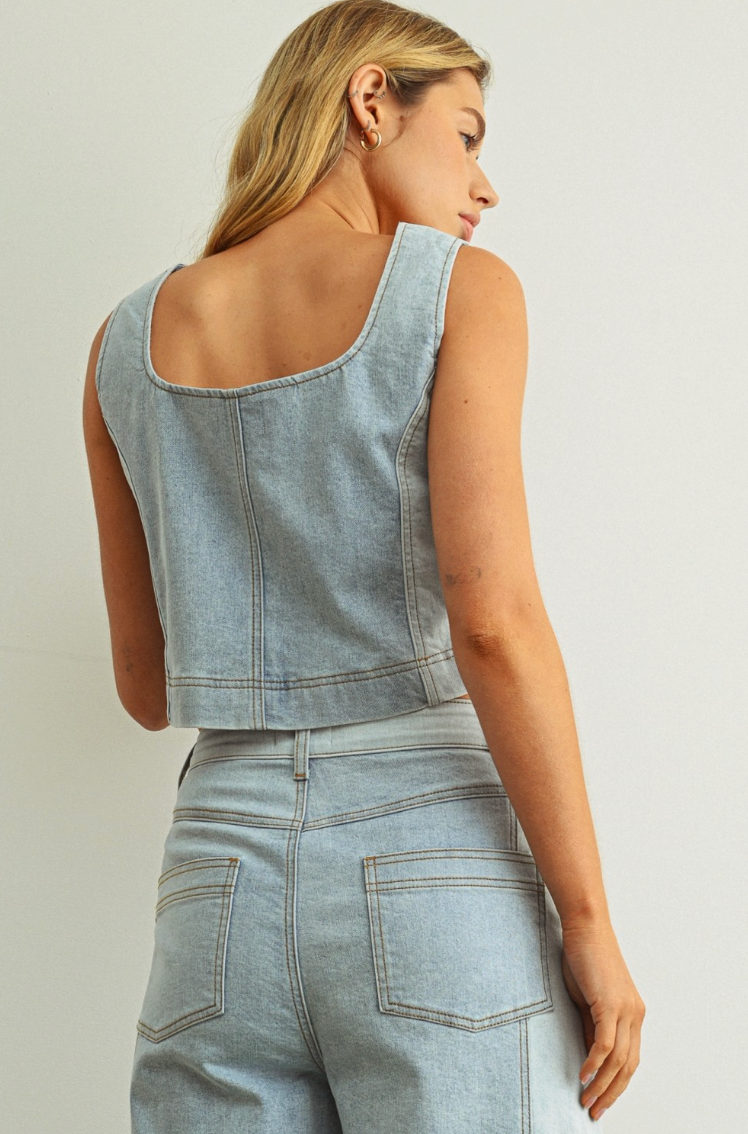 Denim Color Blocked Sleeveless Top