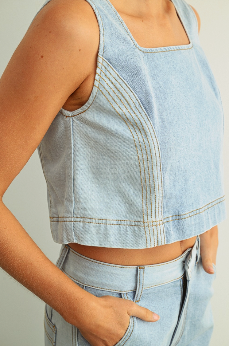 Denim Color Blocked Sleeveless Top