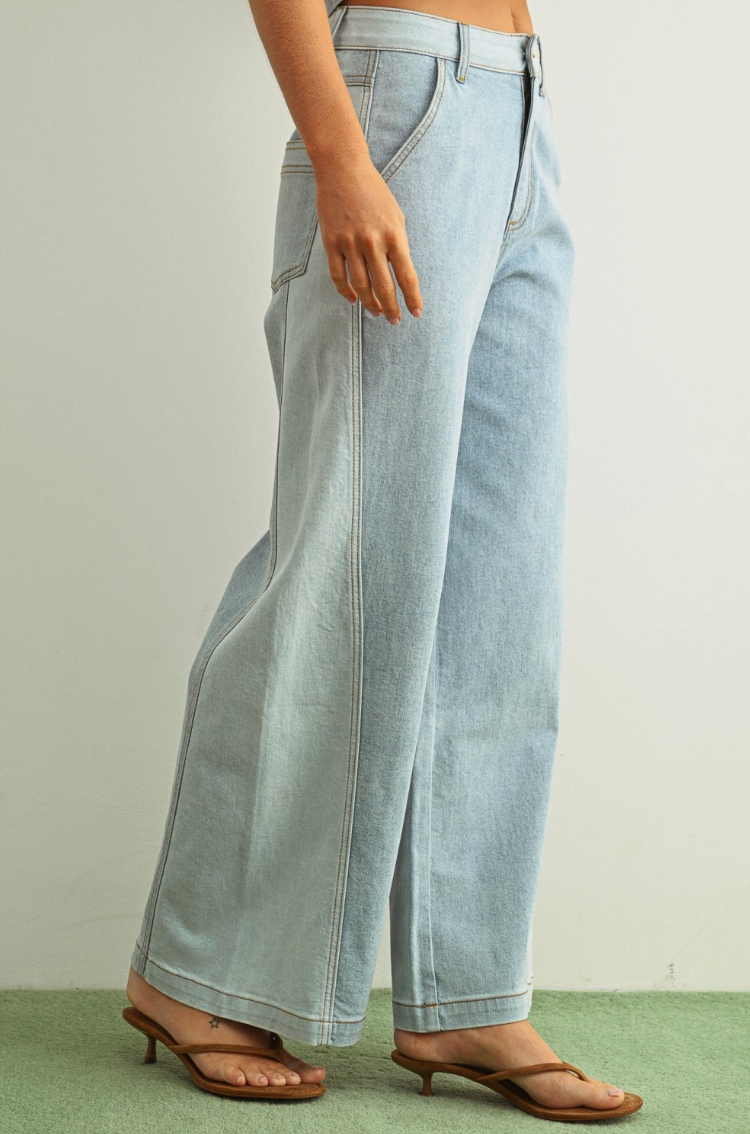 Denim Color Blocked Wide Straight Leg Pants