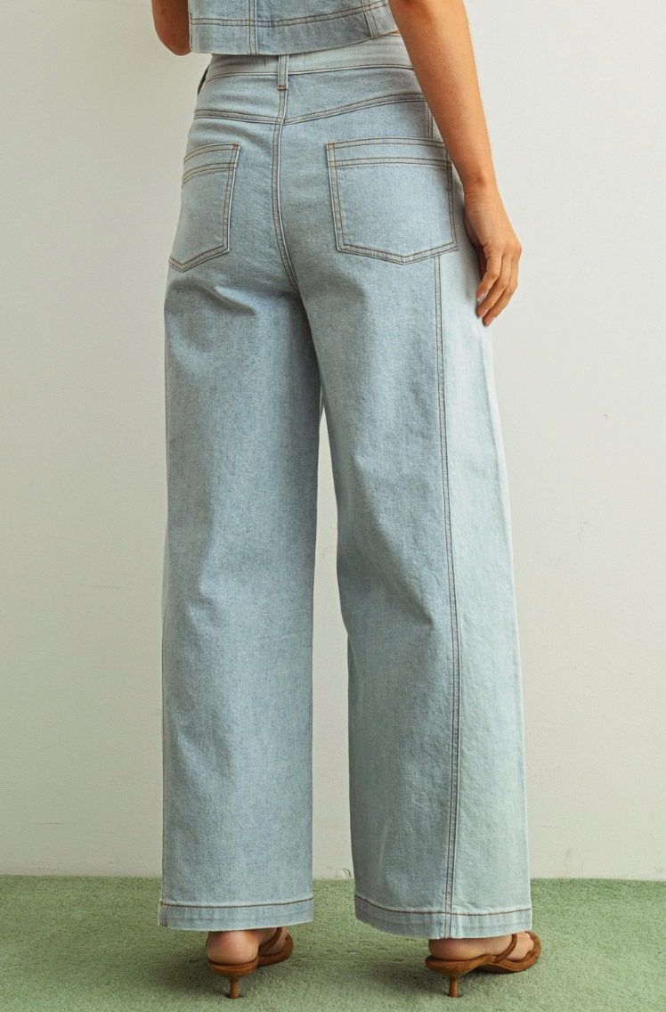 Denim Color Blocked Wide Straight Leg Pants