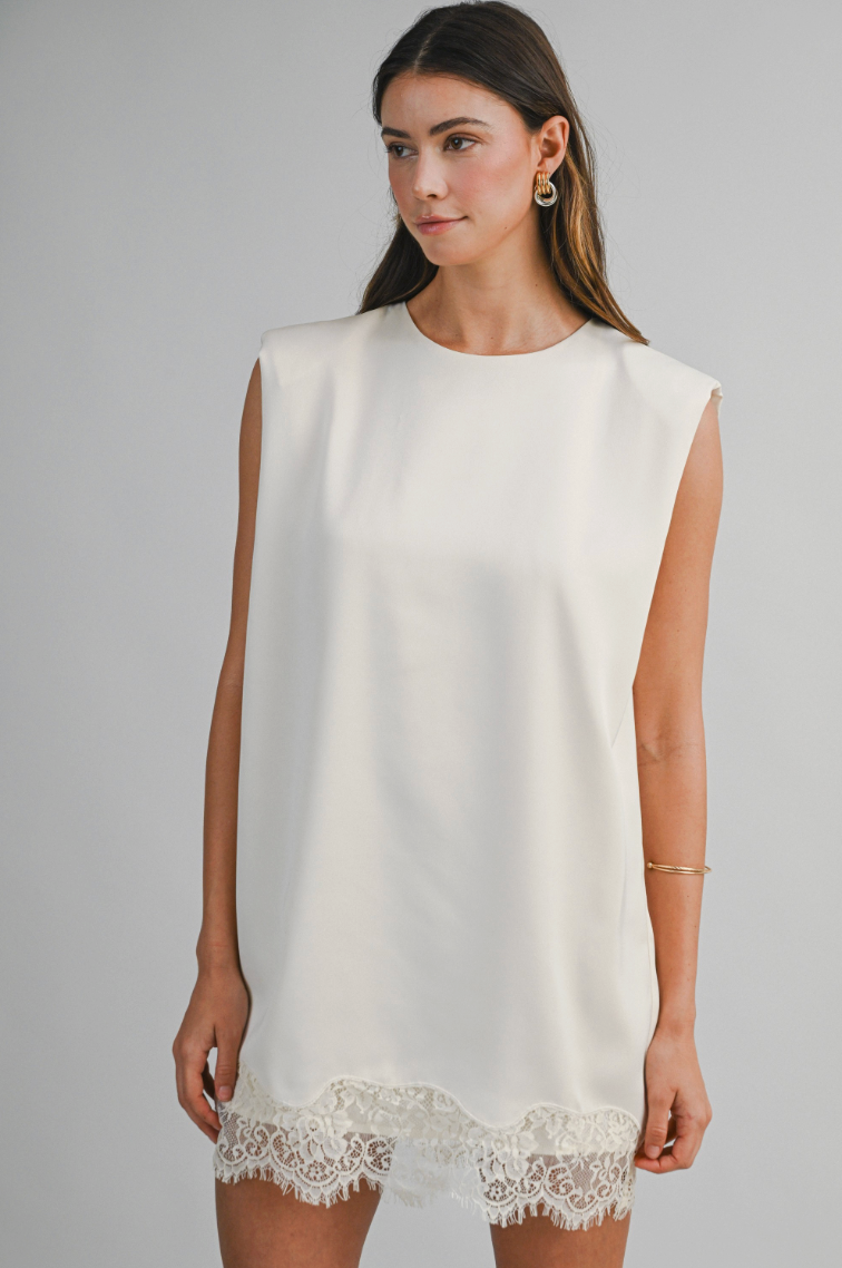 Sleeveless Extend Shoulder Lace Trim Scallop Hem Mini Dress