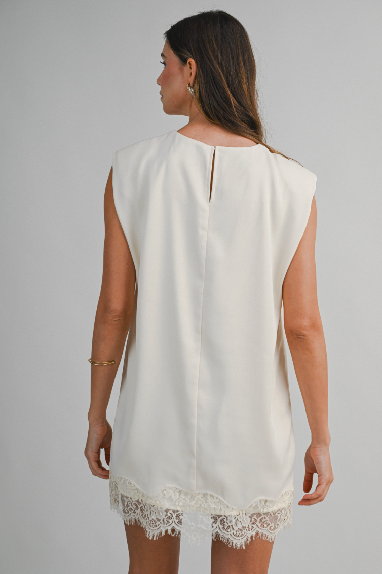Sleeveless Extend Shoulder Lace Trim Scallop Hem Mini Dress