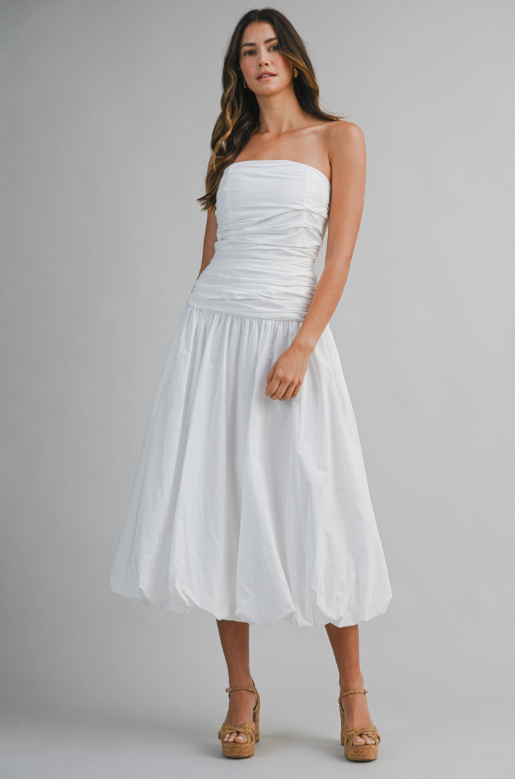 Strapless Ruched Bodice Dropped Waist Bubble Hem Midi Dress – Charming Oaks