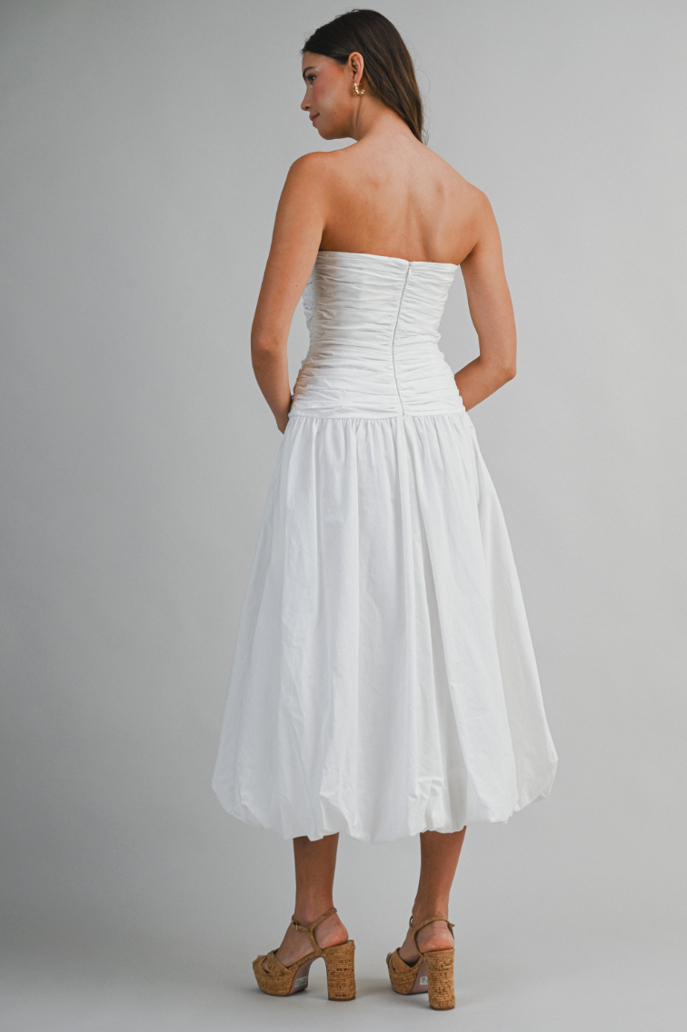 Strapless Ruched Bodice Dropped Waist Bubble Hem Midi Dress