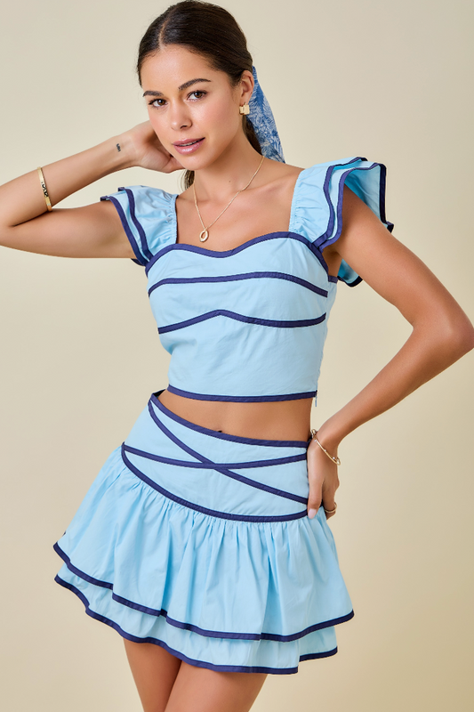 Crop Top with Ruffle Sleeves & Contrast Bindings