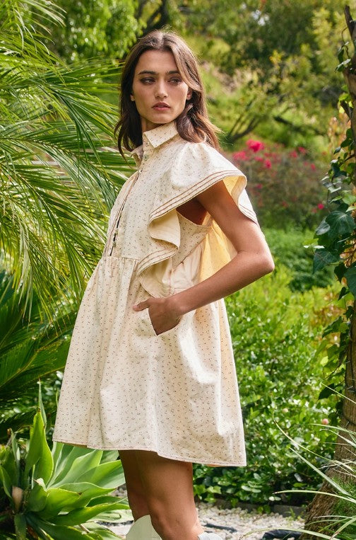 Floral Print Ruffled Sleeve Pintuck Mini Dress