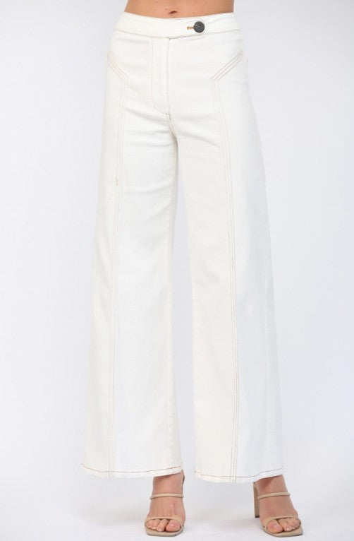 Contrast Topstitching Detail High-Waisted Flare Pants