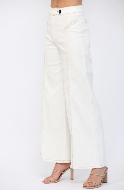 Contrast Topstitching Detail High-Waisted Flare Pants
