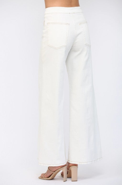 Contrast Topstitching Detail High-Waisted Flare Pants