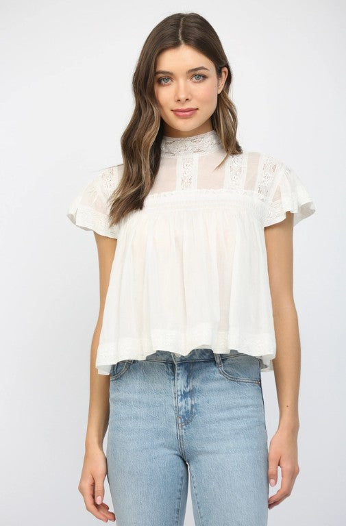 Short Sleeve Ruffled with Neckband and Bow Top