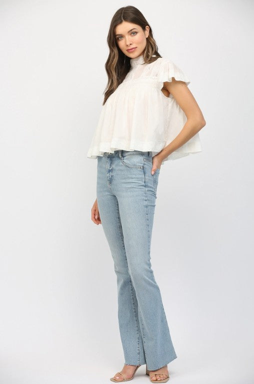 Short Sleeve Ruffled with Neckband and Bow Top