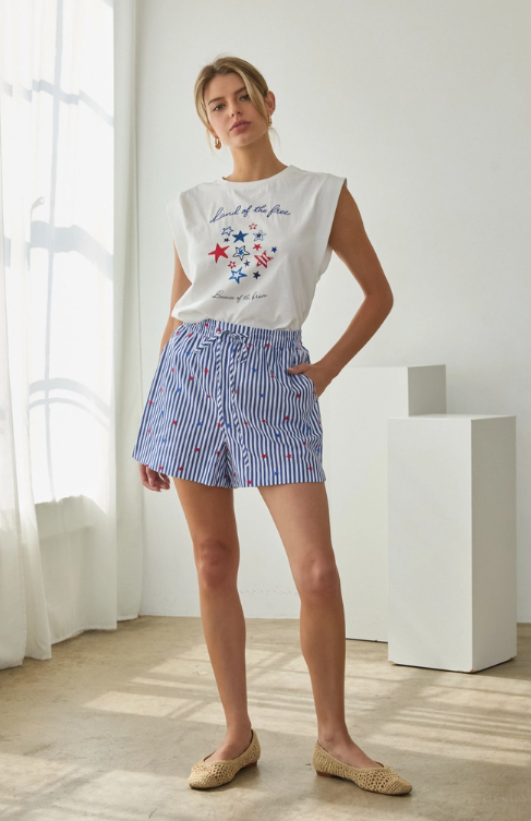 Striped Shorts with Star Embroidery