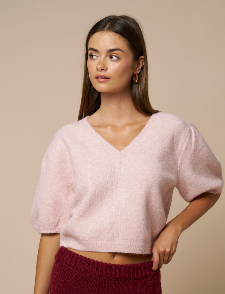 Sequin Puff Sleeve Cropped Sweater