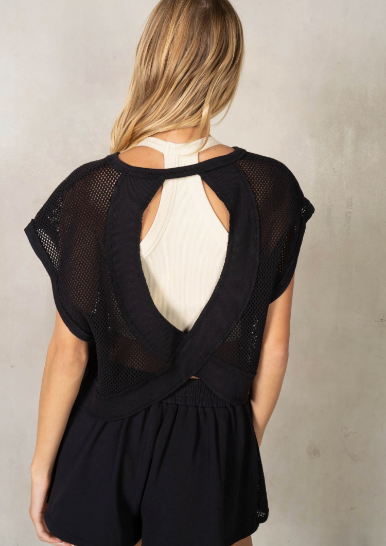 Heavy Cotton Mesh Open Back Drop Shoulder Top