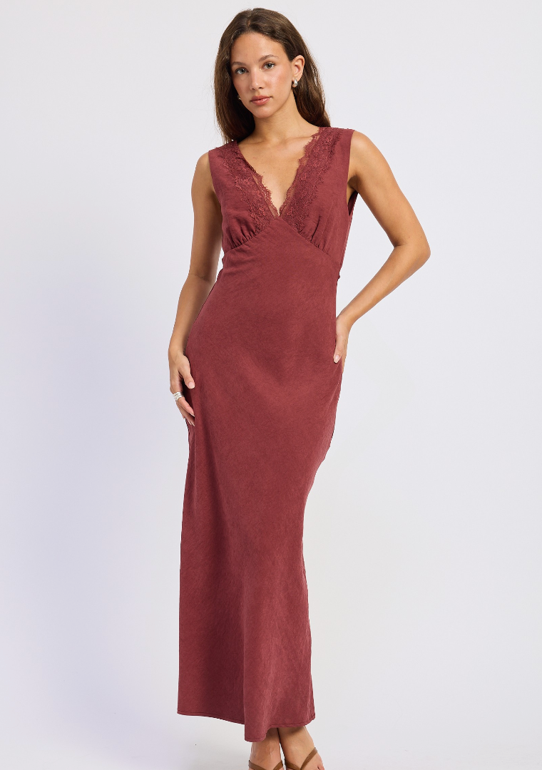 V Neck Lace Trim Midi Dress
