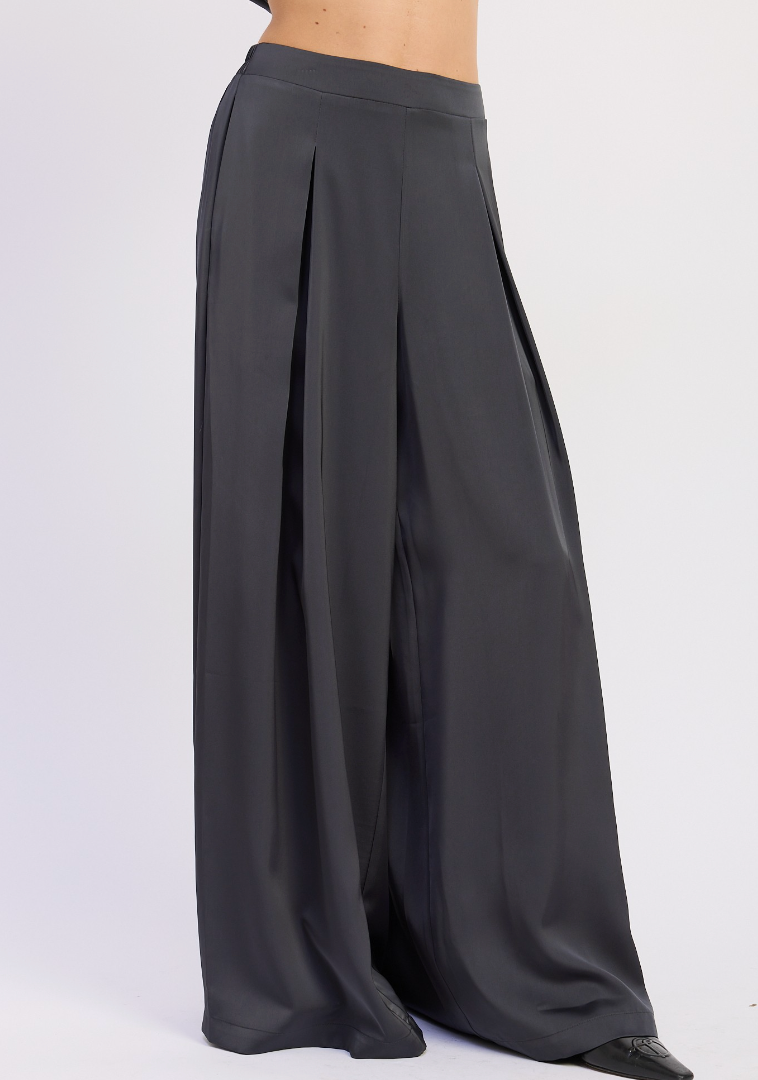 Wide Leg Satin Pants With Front Pleats