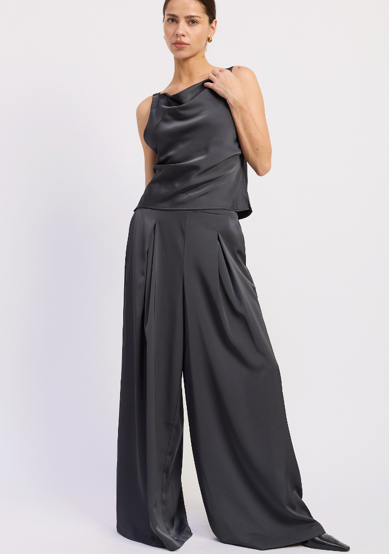 Wide Leg Satin Pants With Front Pleats