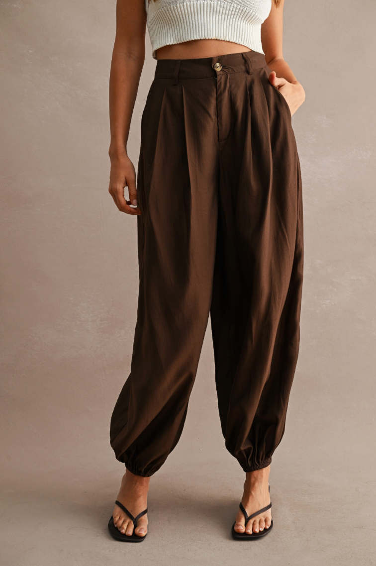 Solid High-waisted Pleated Elasticized Ankle Balloon Pants