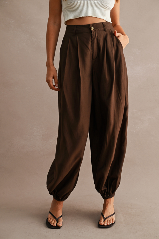 Solid High-waisted Pleated Elasticized Ankle Balloon Pants