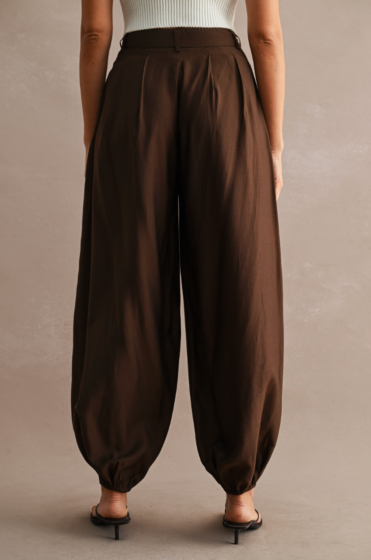 Solid High-waisted Pleated Elasticized Ankle Balloon Pants