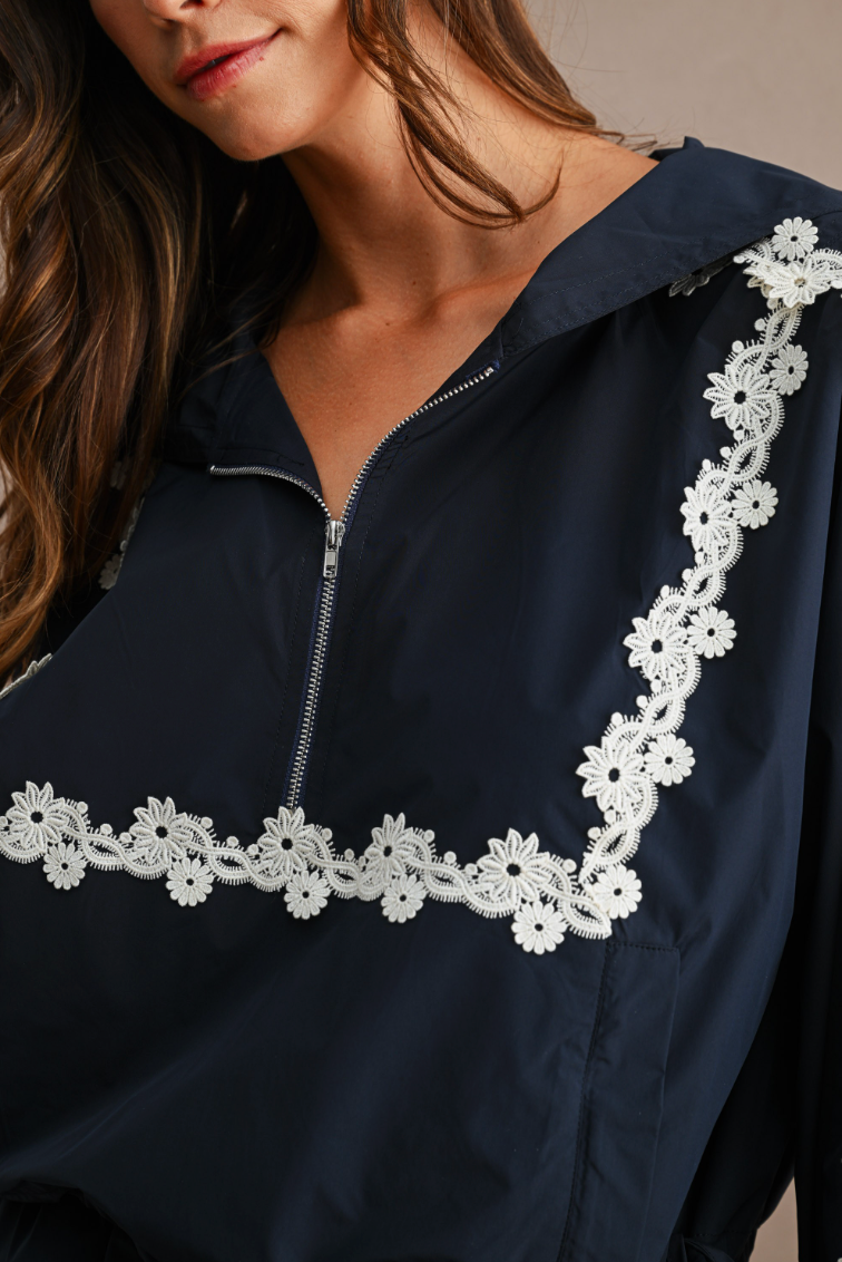 Hood Half Zip-up Lace Trim Windbreaker Jacket