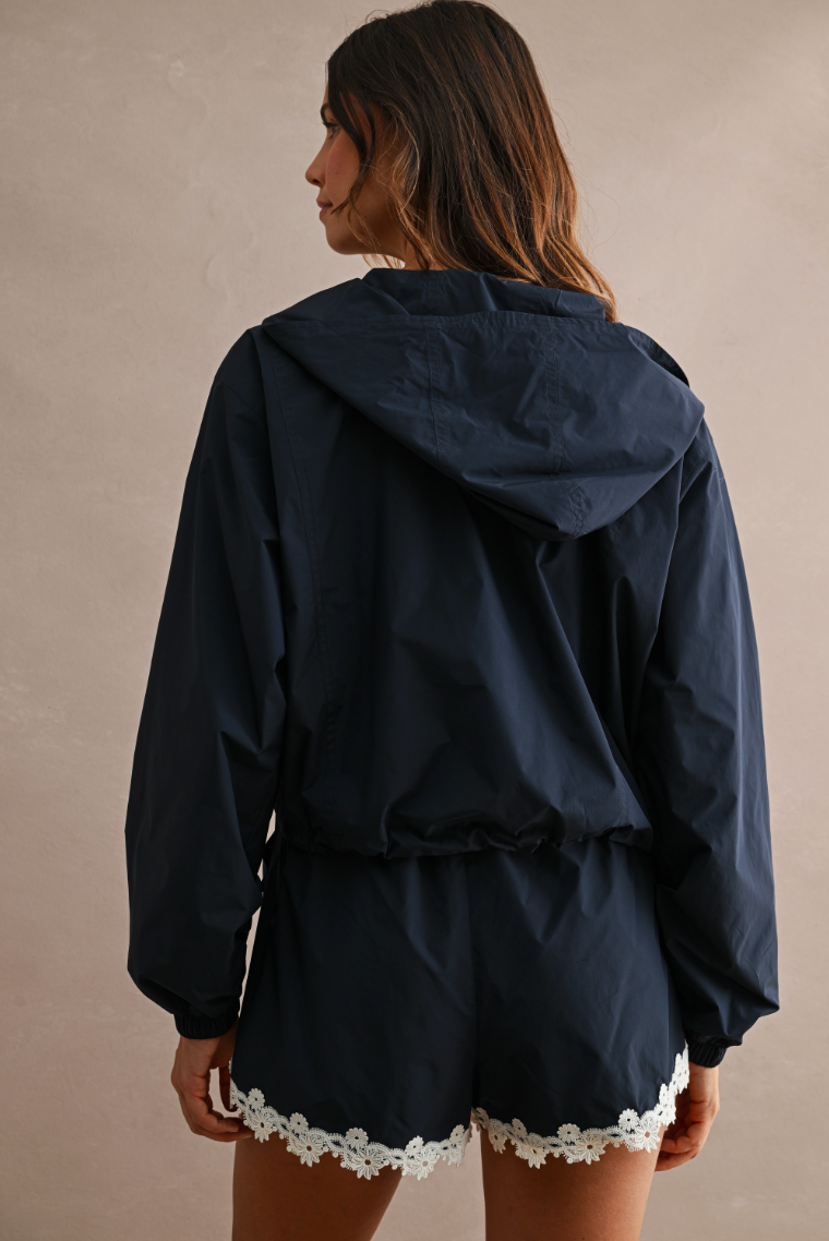 Hood Half Zip-up Lace Trim Windbreaker Jacket