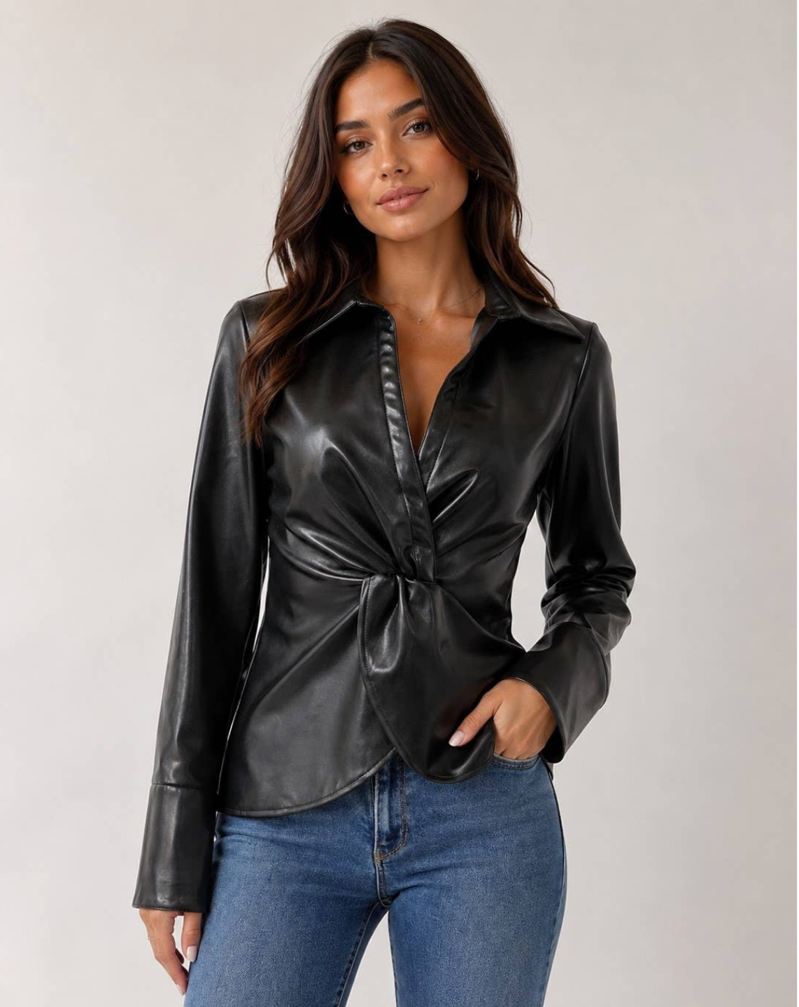 Twist Detail Faux Leather Blouse