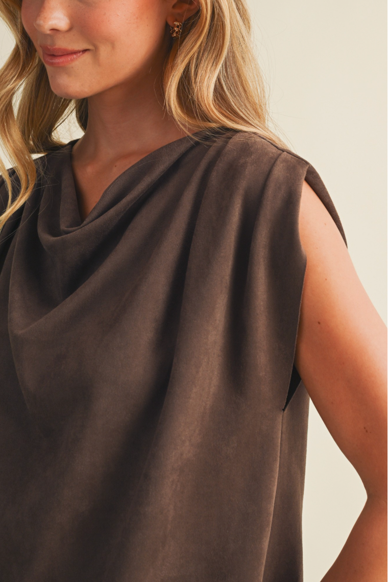 Sueded Knit Cowl Neck Cap-sleeve Top