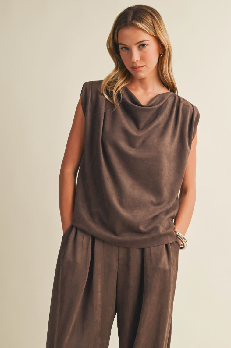 Sueded Knit Cowl Neck Cap-sleeve Top