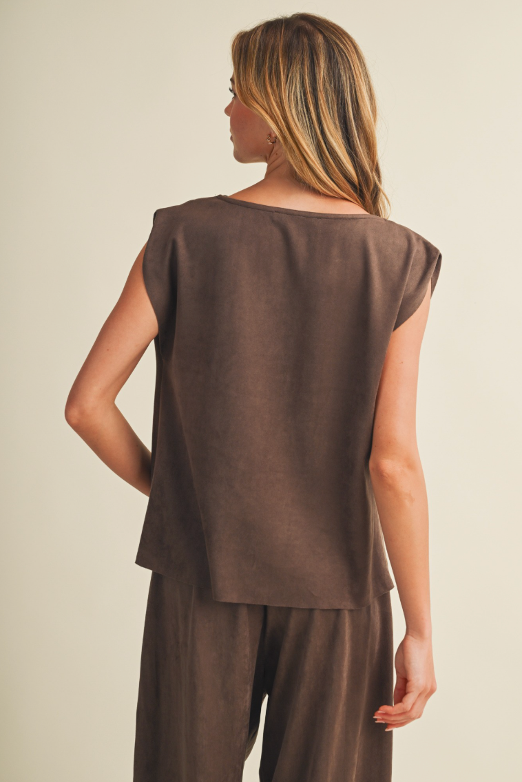 Sueded Knit Cowl Neck Cap-sleeve Top