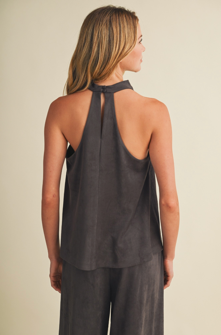 Sueded Knit Halter Cowl Neck Top