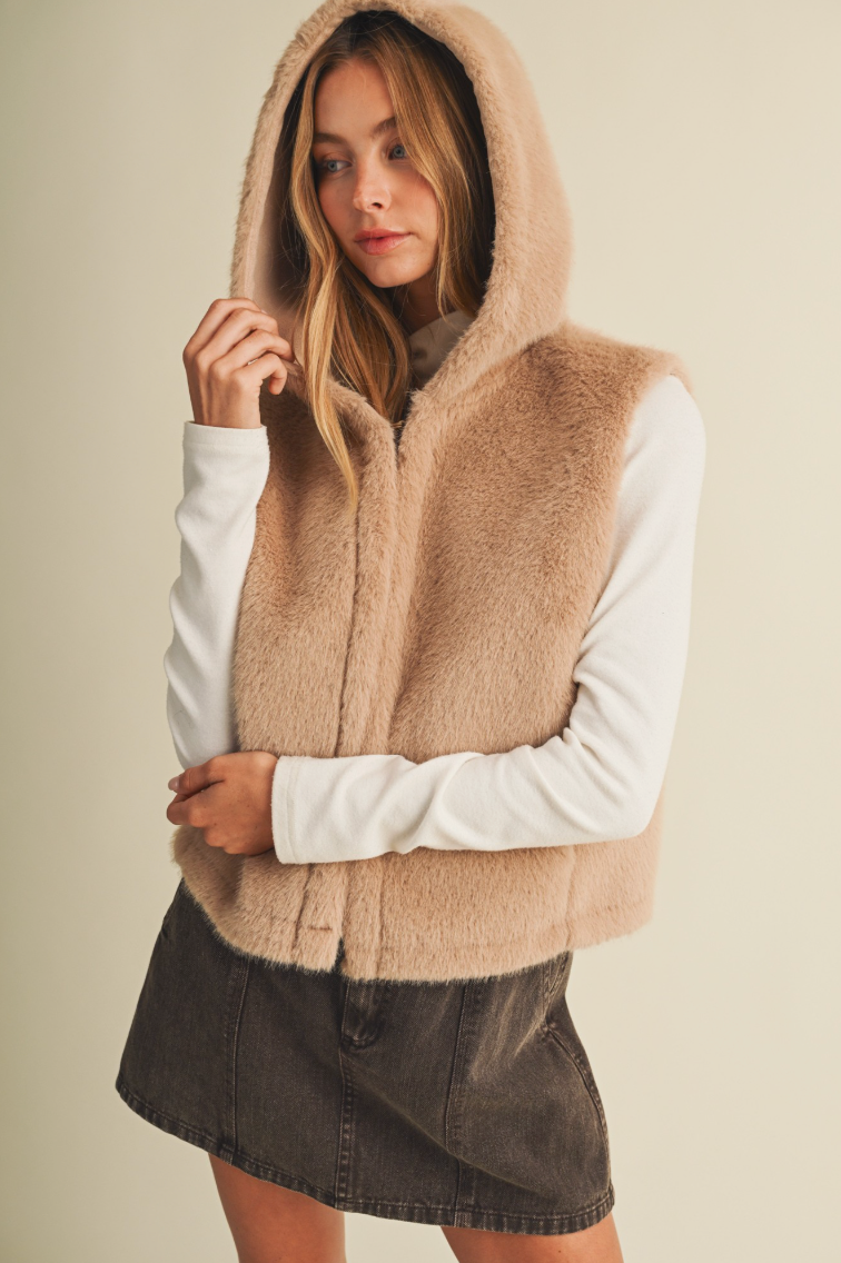 Integrated Hood Plush Faux Fur Vest