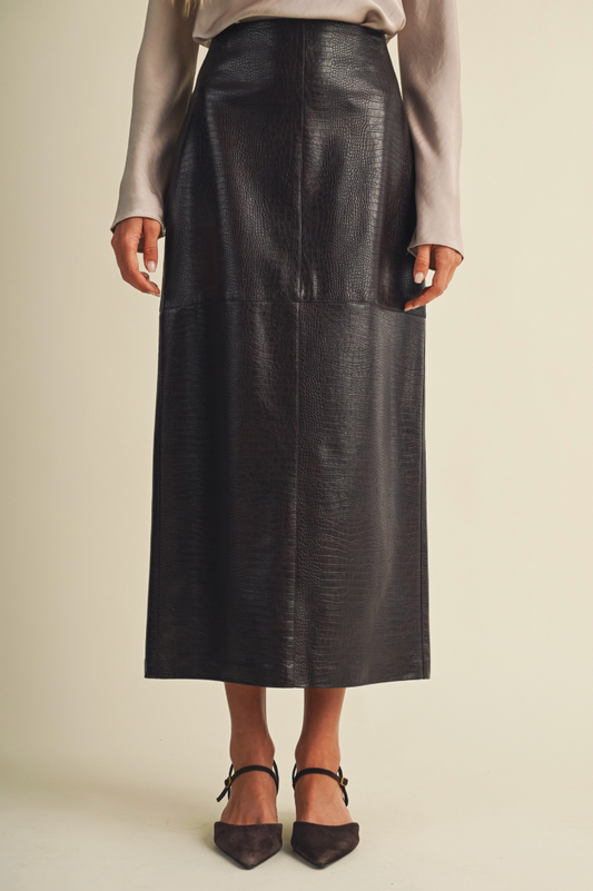 Croc-embossed Coated Knit Pencil Skirt