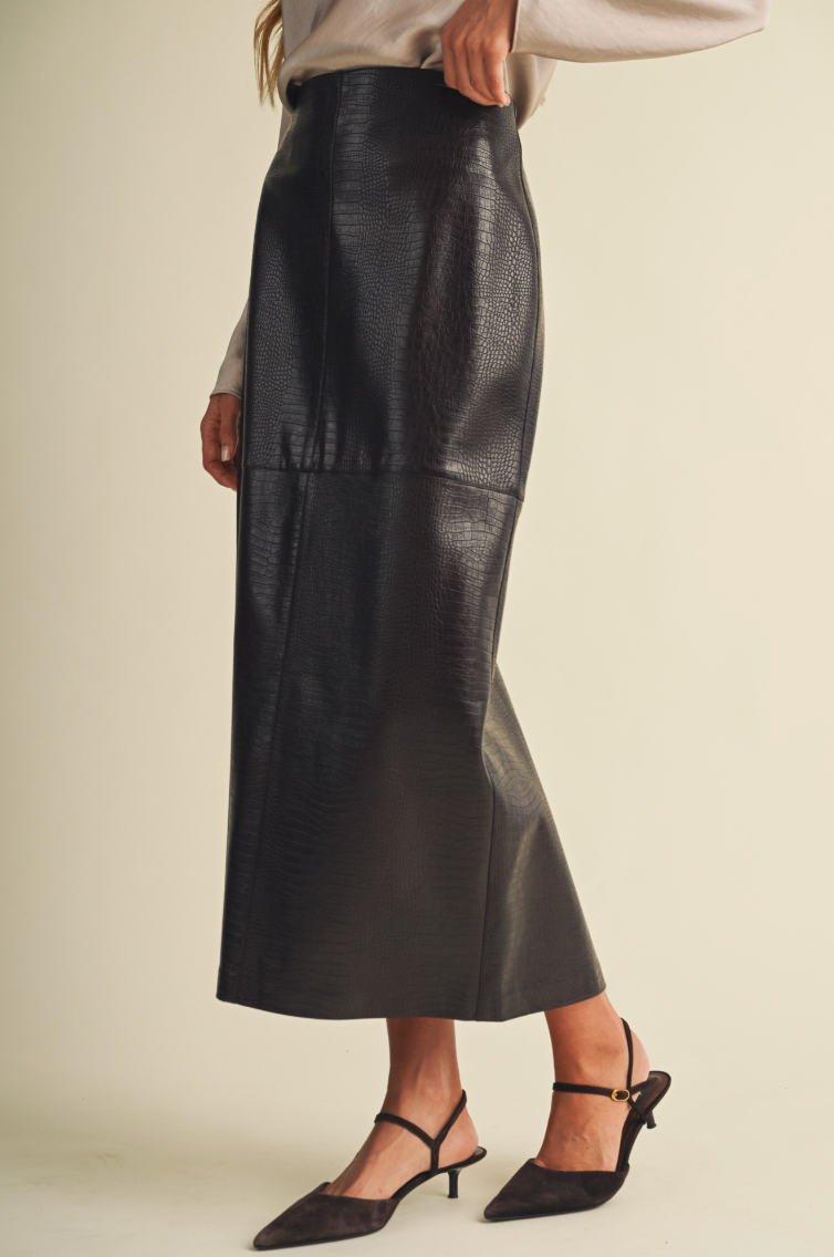 Croc-embossed Coated Knit Pencil Skirt