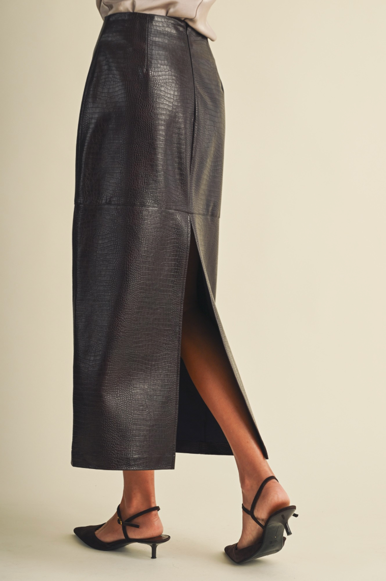 Croc-embossed Coated Knit Pencil Skirt