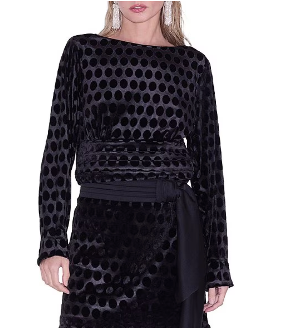 Fosi Velvet Polka Dot Wide Neck Long Sleeve Coordinating Top