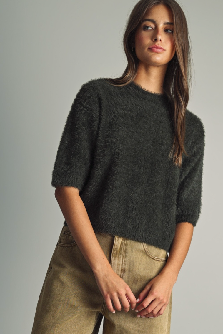 Fluffy Cropped Faux-fur Sweater With Round Neck