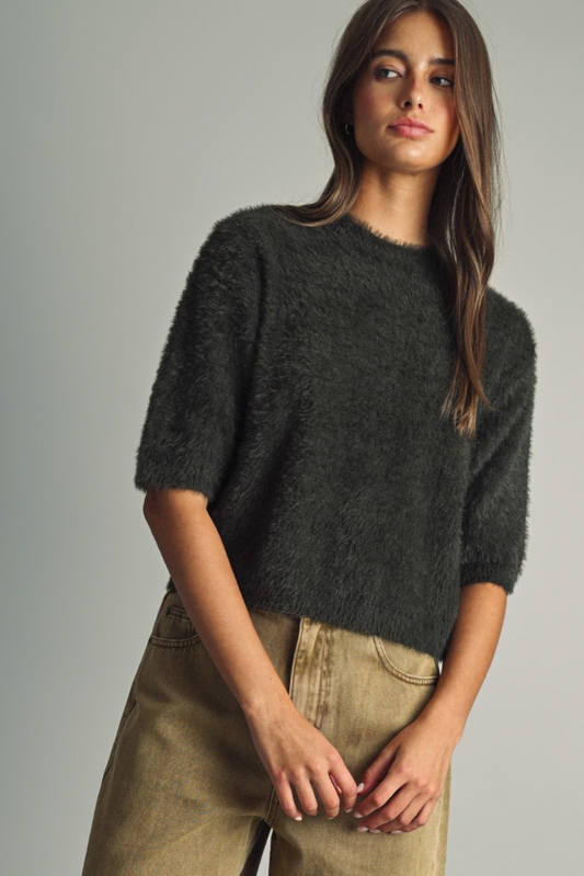 Fluffy Cropped Faux-fur Sweater With Round Neck