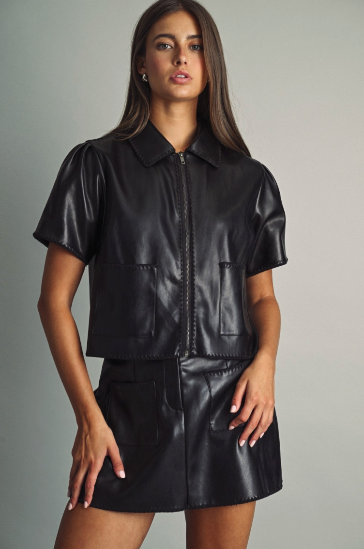 Short Sleeve Zipper Front Faux Leather Jacket