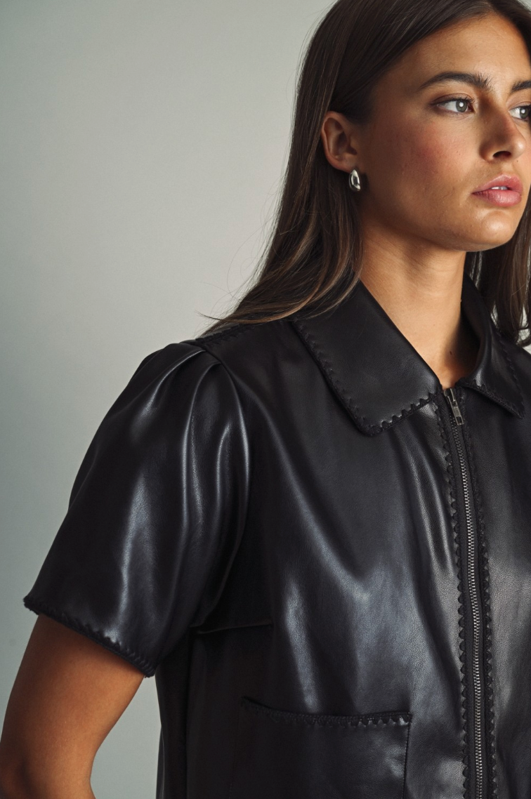 Short Sleeve Zipper Front Faux Leather Jacket
