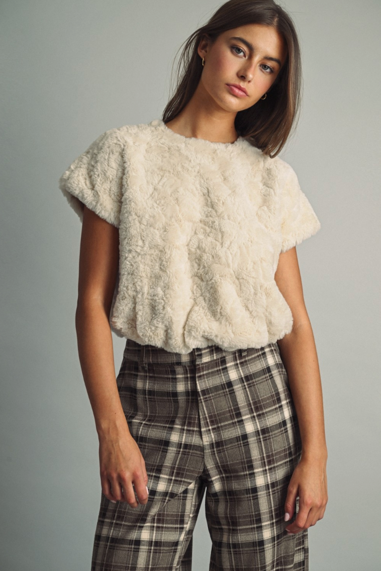 Plush Textured Faux-fur Short Sleeve Top