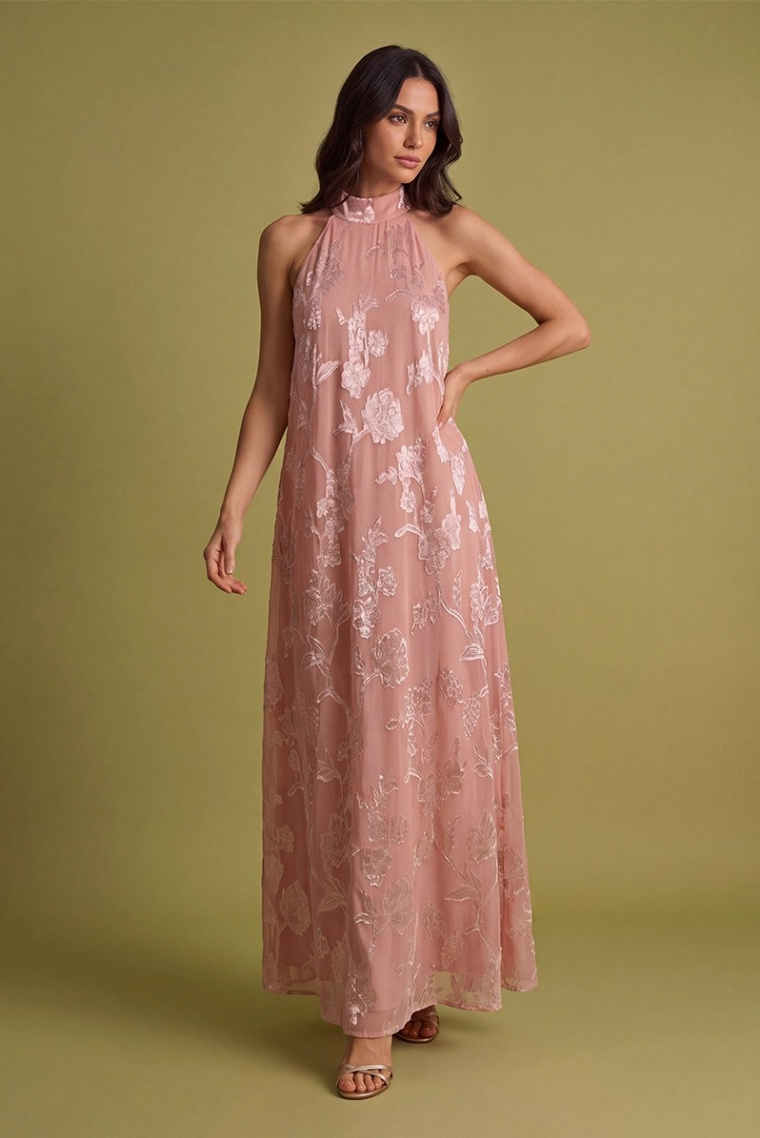 Floral Jacquard Back Tie Halter Neck Maxi Dress