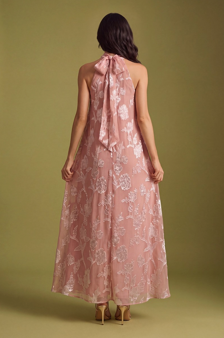 Floral Jacquard Back Tie Halter Neck Maxi Dress