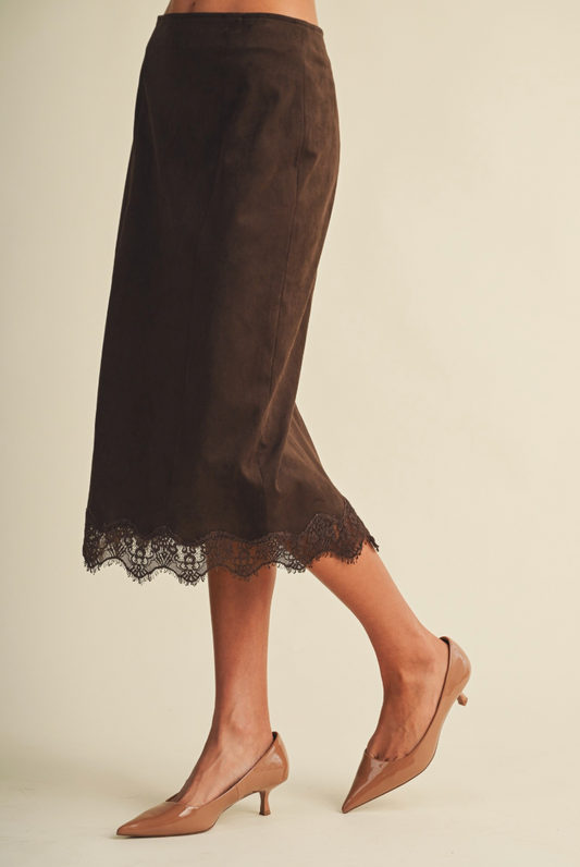 Scallop-trim Microsuede Midi Skirt