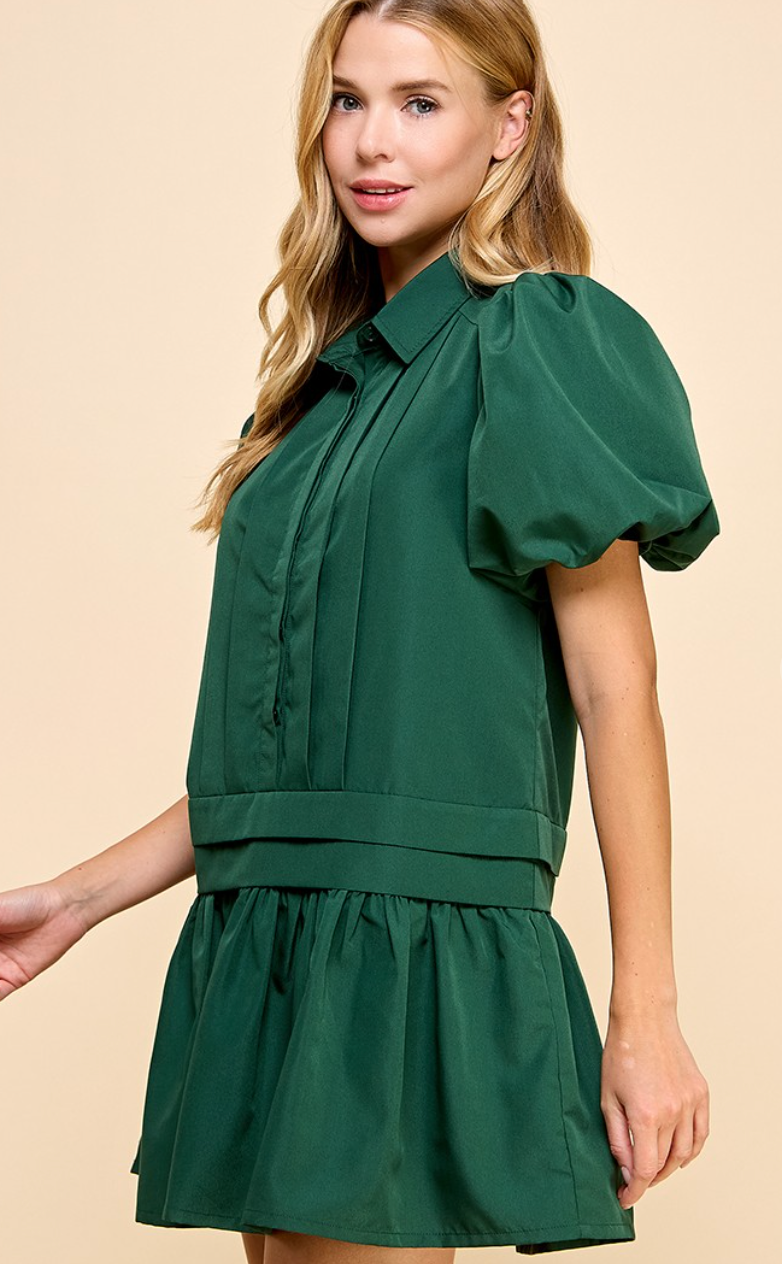 Pleat Detail Puff Sleeve Shirt Dress