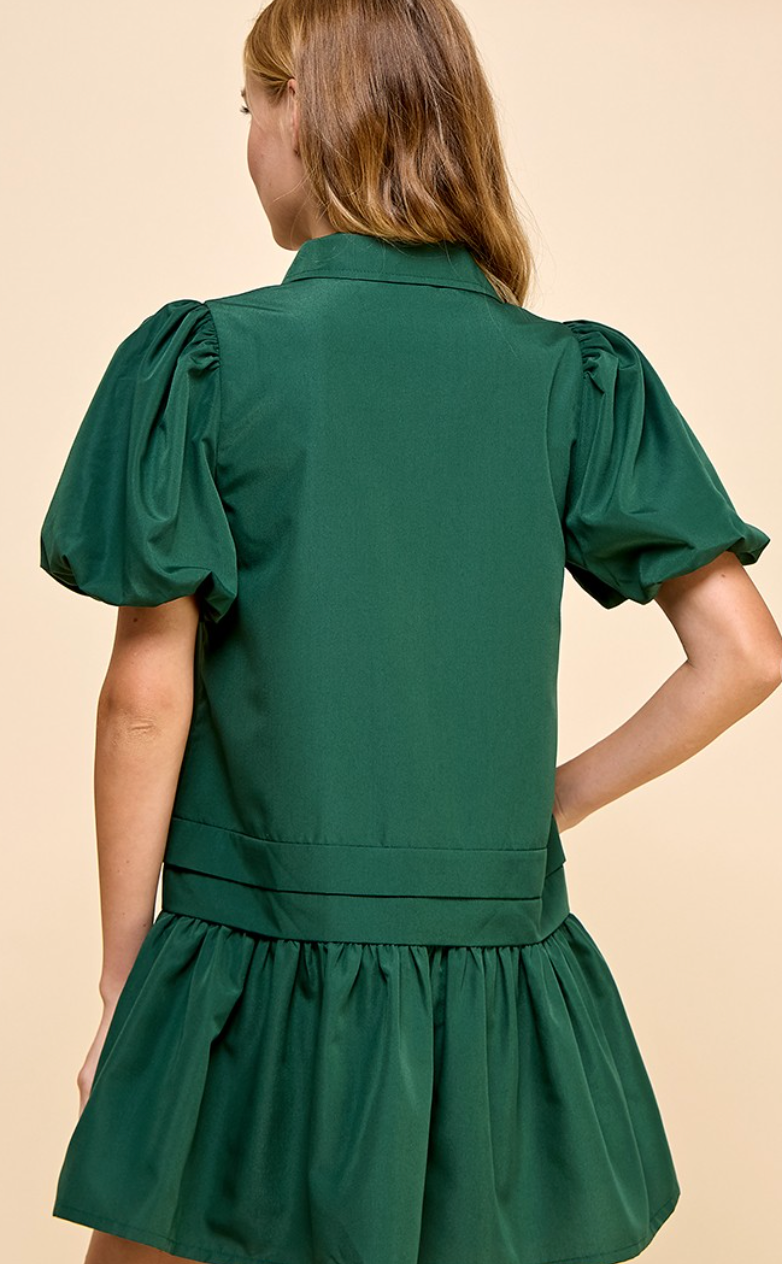 Pleat Detail Puff Sleeve Shirt Dress