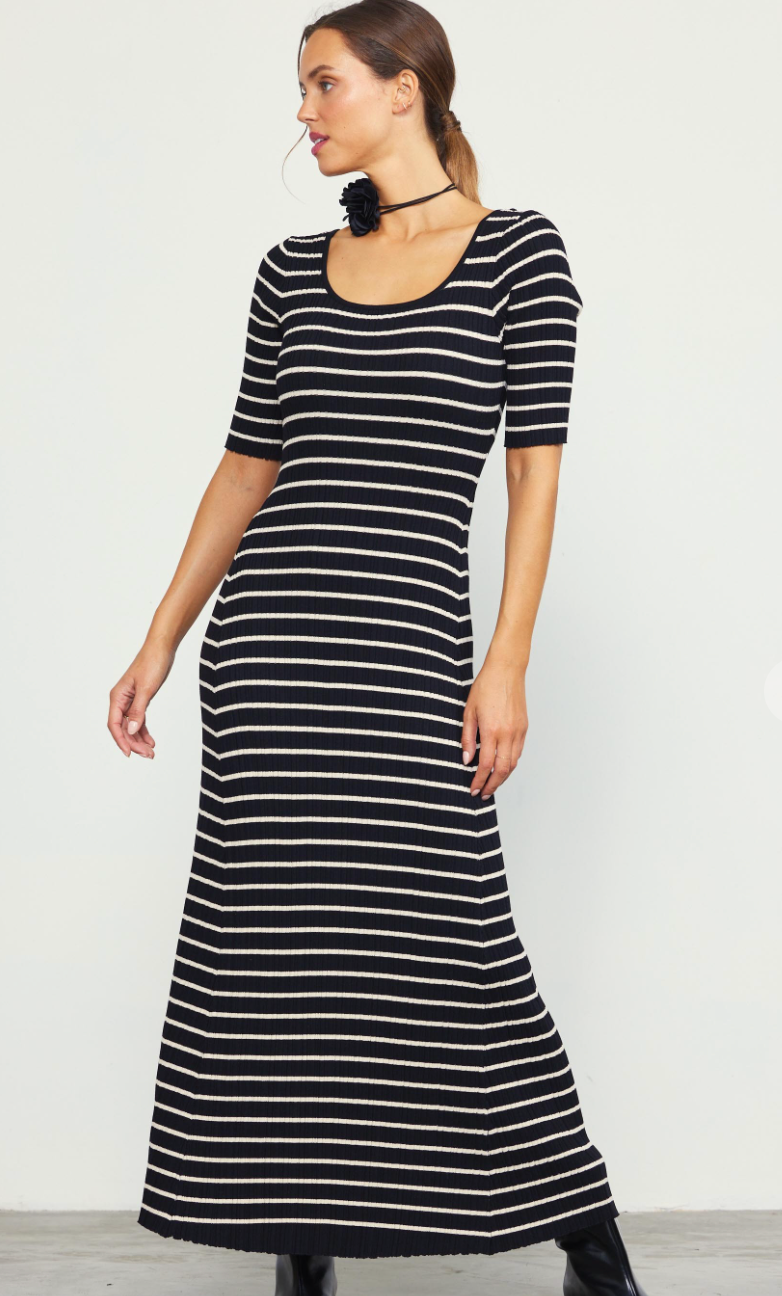 Striped Short Sleeve Knit Maxi Dress